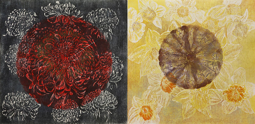 SHOWA & HEISEI (Diptych), 2011 Woodcut & Collagraph 29-1/2” x 59”