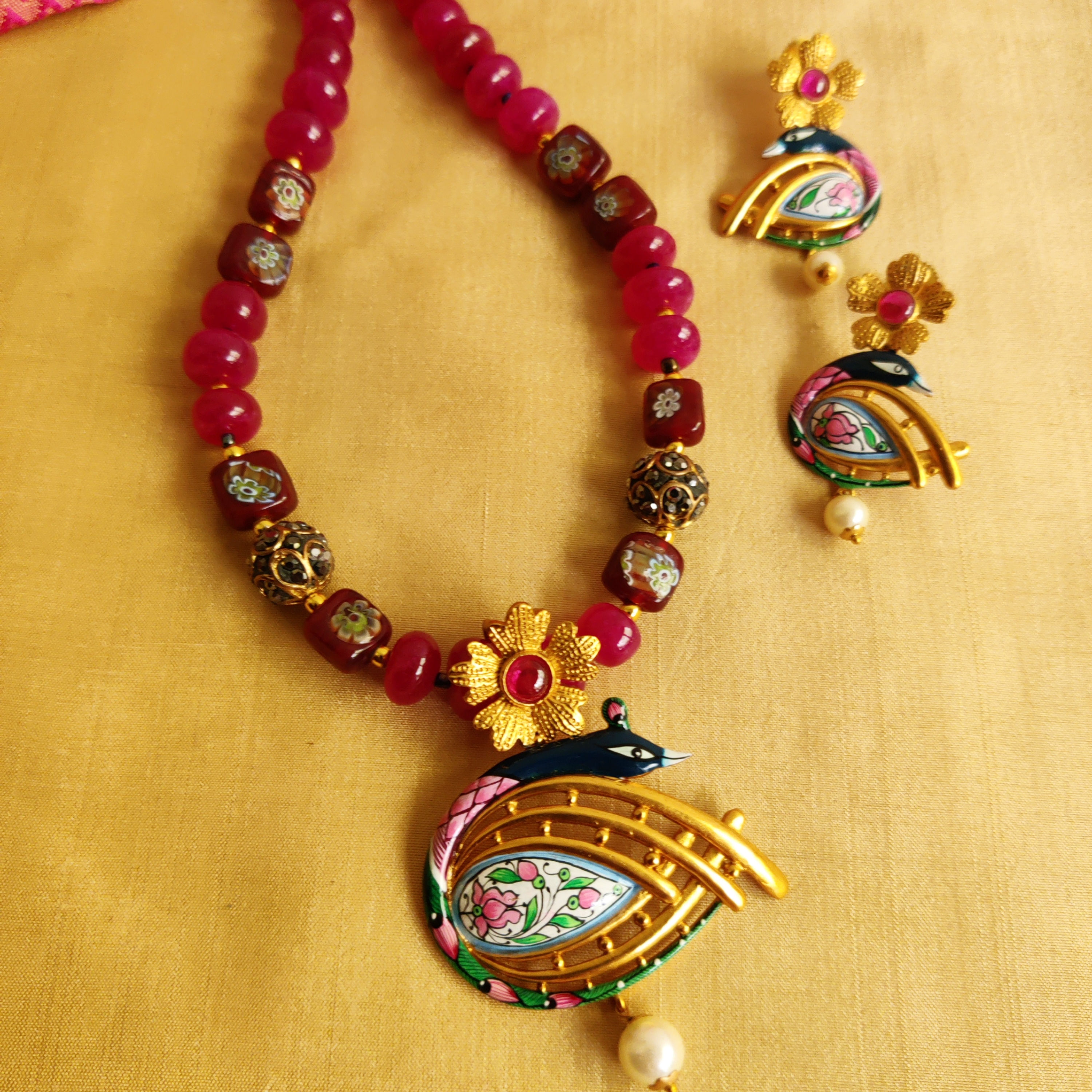 Anupama - Onyx Semi-precious beads with Peacock pendant