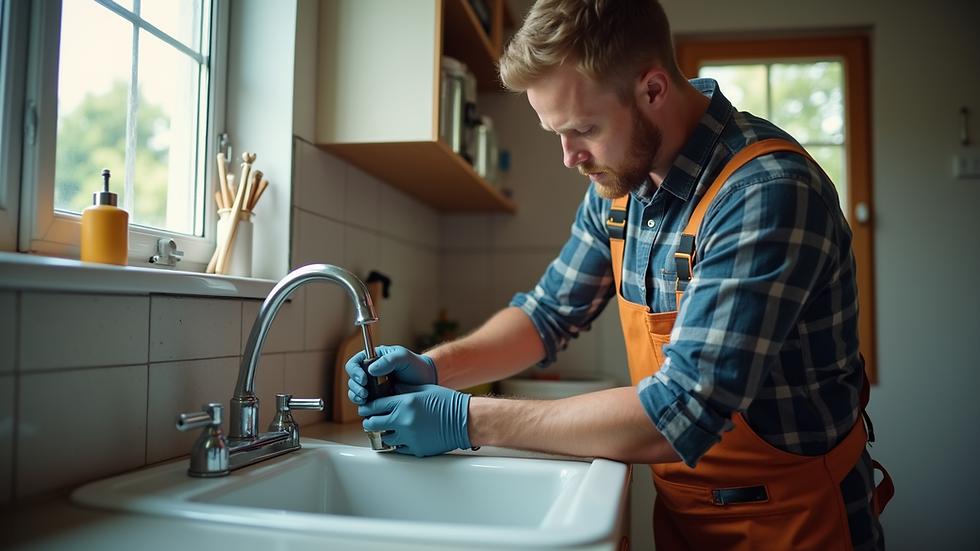 Eye-level view of a handyman fixing a kitchen sink