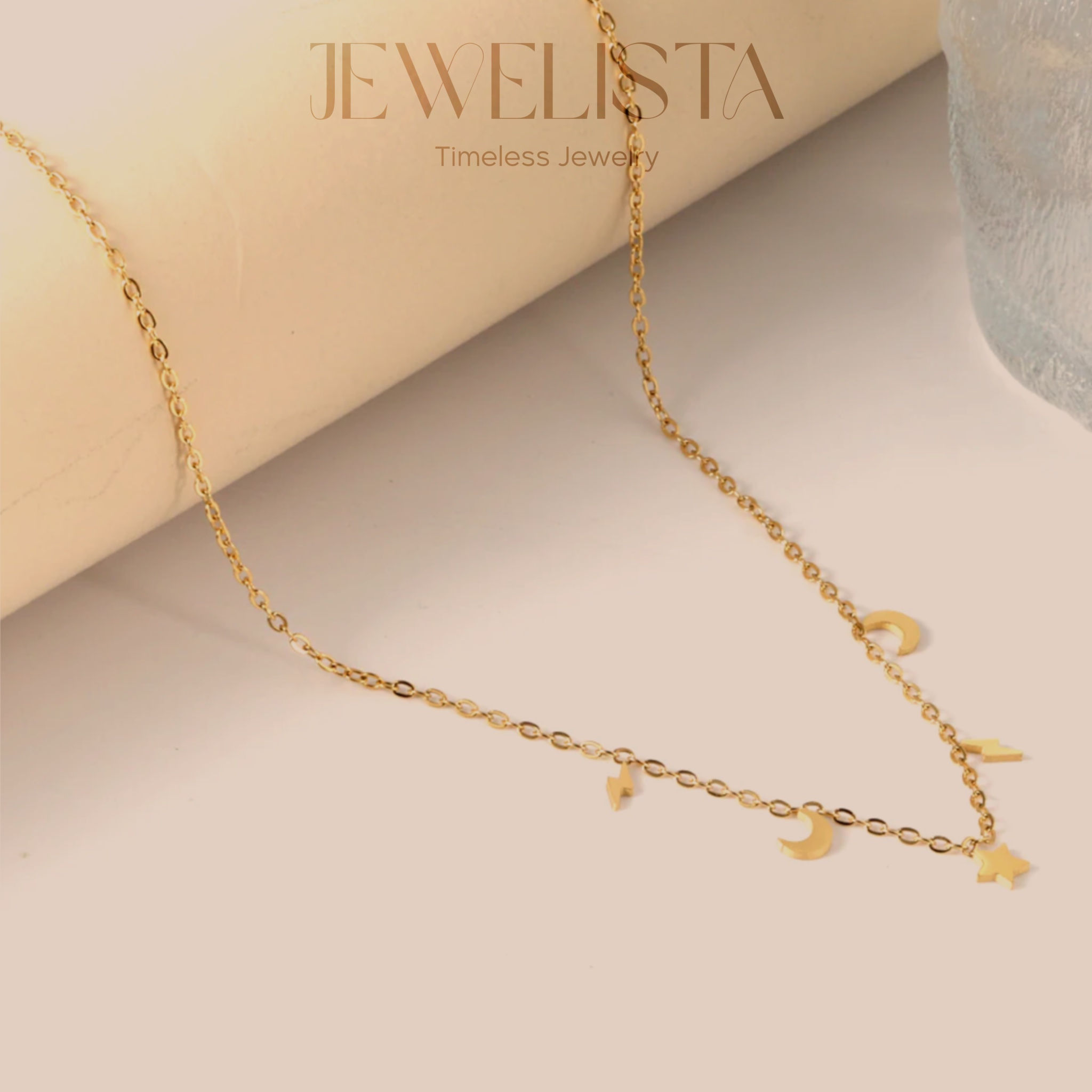 Gold Filled Stainless Steel Star, Moons, and Lightnings Necklace