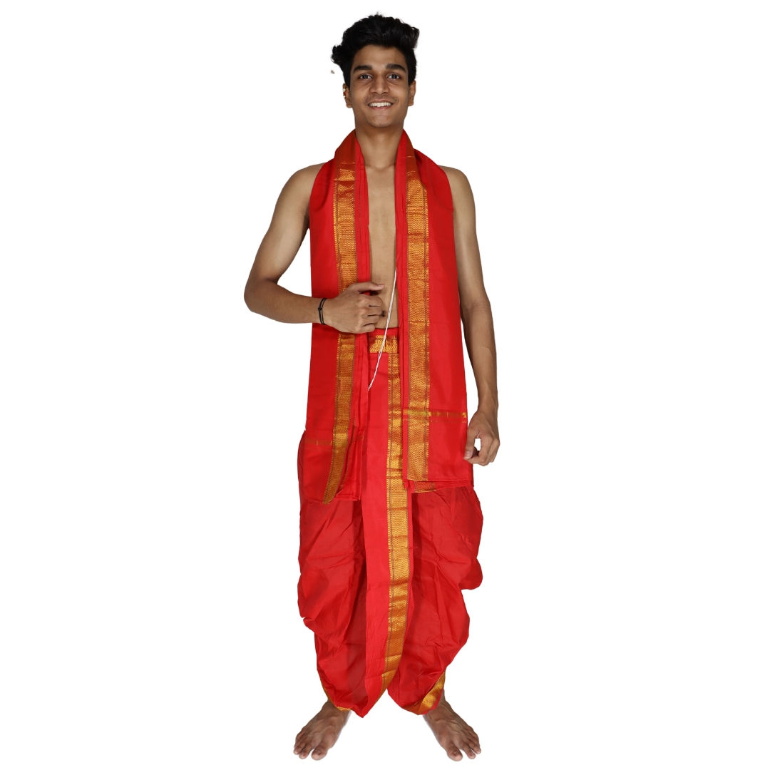 Red Big Border Dhoti Uparana Set