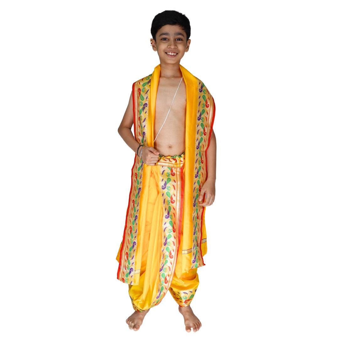 Yellow Kids Paithani Dhoti Uparana Set