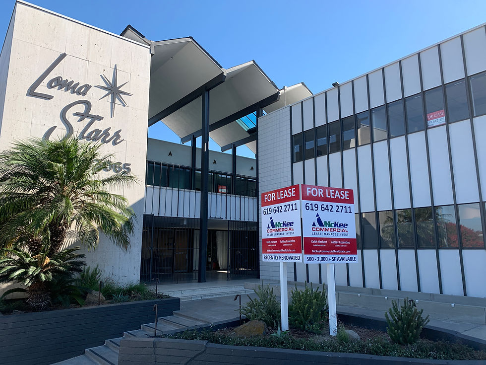 Real estate flyer for a modern office/medical building, Prime Space for lease, 656–1,906 SF, at 3065 Rosecrans Place, San Diego.