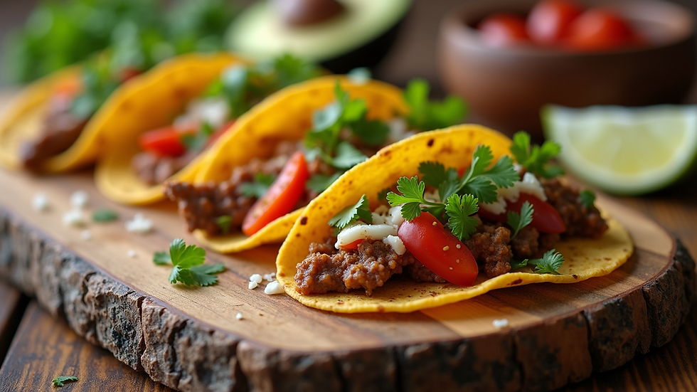 High angle view of taco toppings on a wooden table