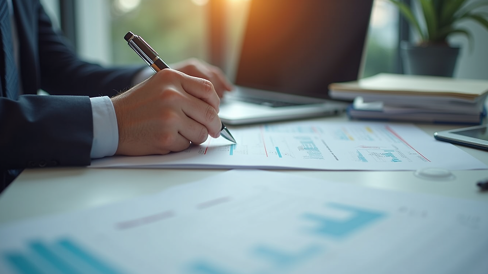 Close-up view of a compliance officer reviewing audit documents with a laptop and notes