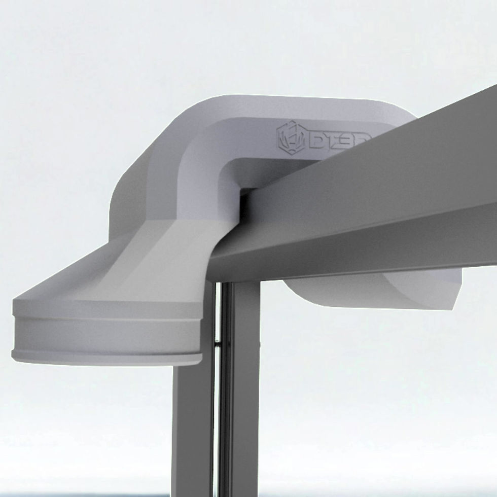 Miniaturbild: Bottom-up 3D render of gray window duct adapter for 100mm/4-inch ducts mounted on black window frame, highlighting circular o