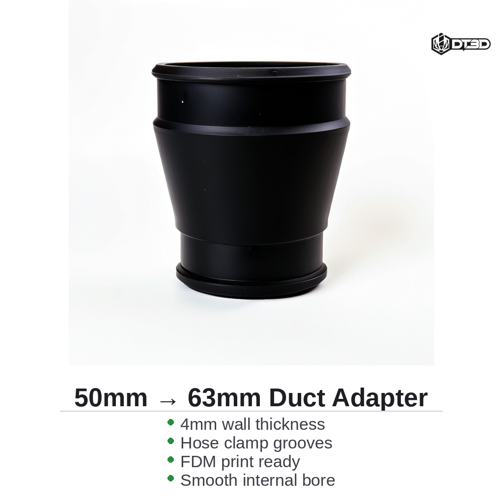 50mm to 63mm Duct Adapter — Reducer/Increaser with Integrated Hose Clamp Grooves