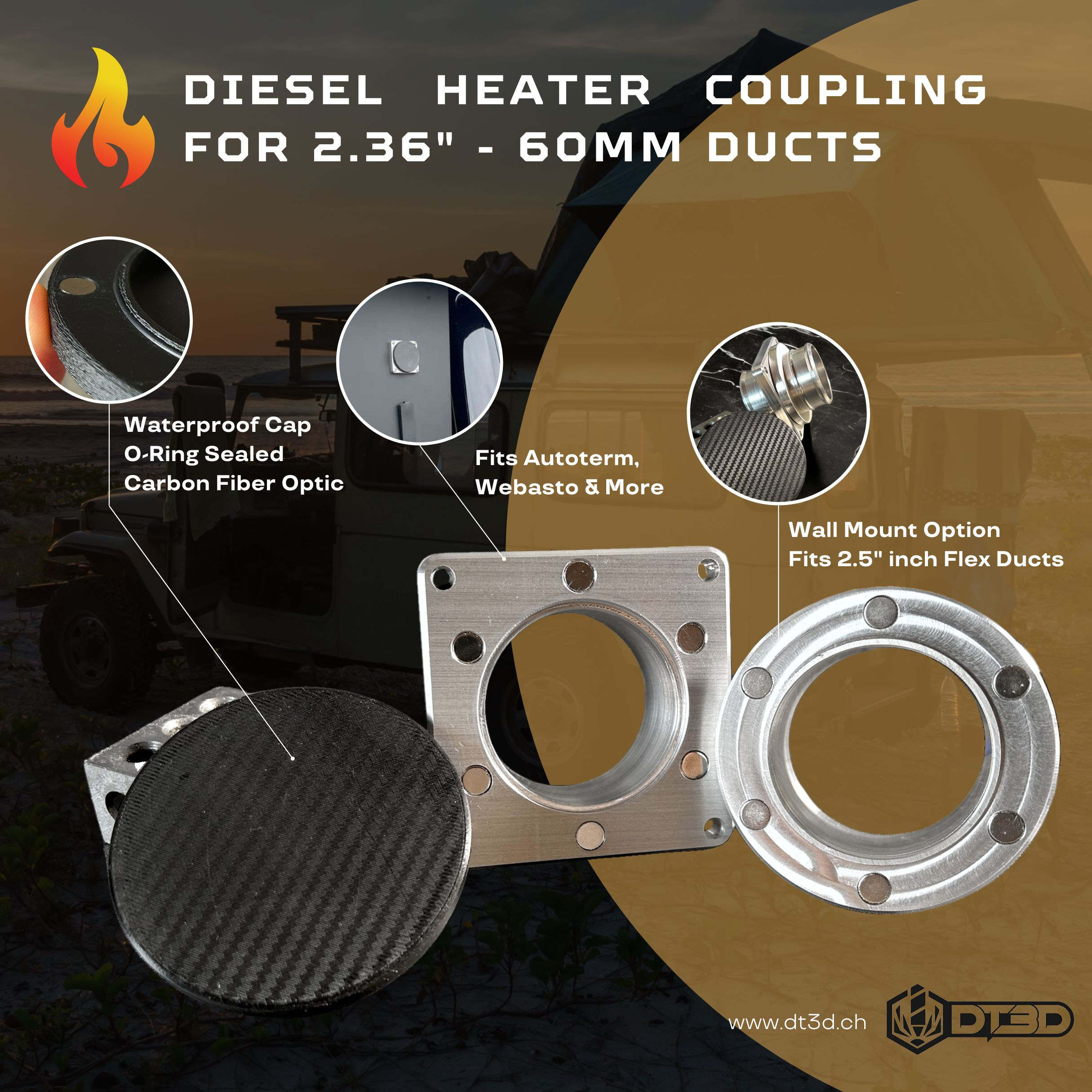 60mm Diesel Heater Coupling - Aluminum or Polymer - Fits Webasto, Autoterm