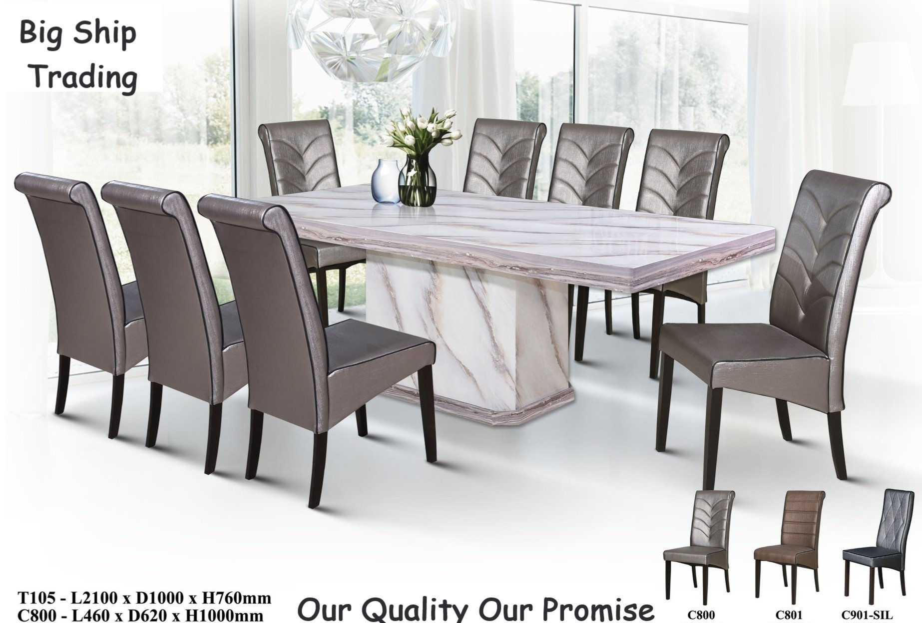 Long Marble Dining Table Set (1+8 Full Set)