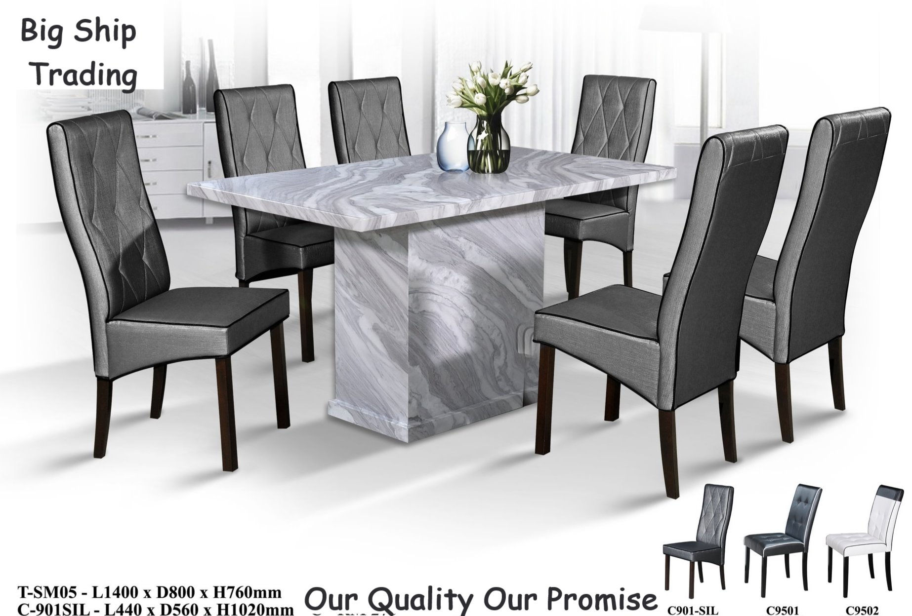 Long Marble Dining Table Set (1+6 Full Set)