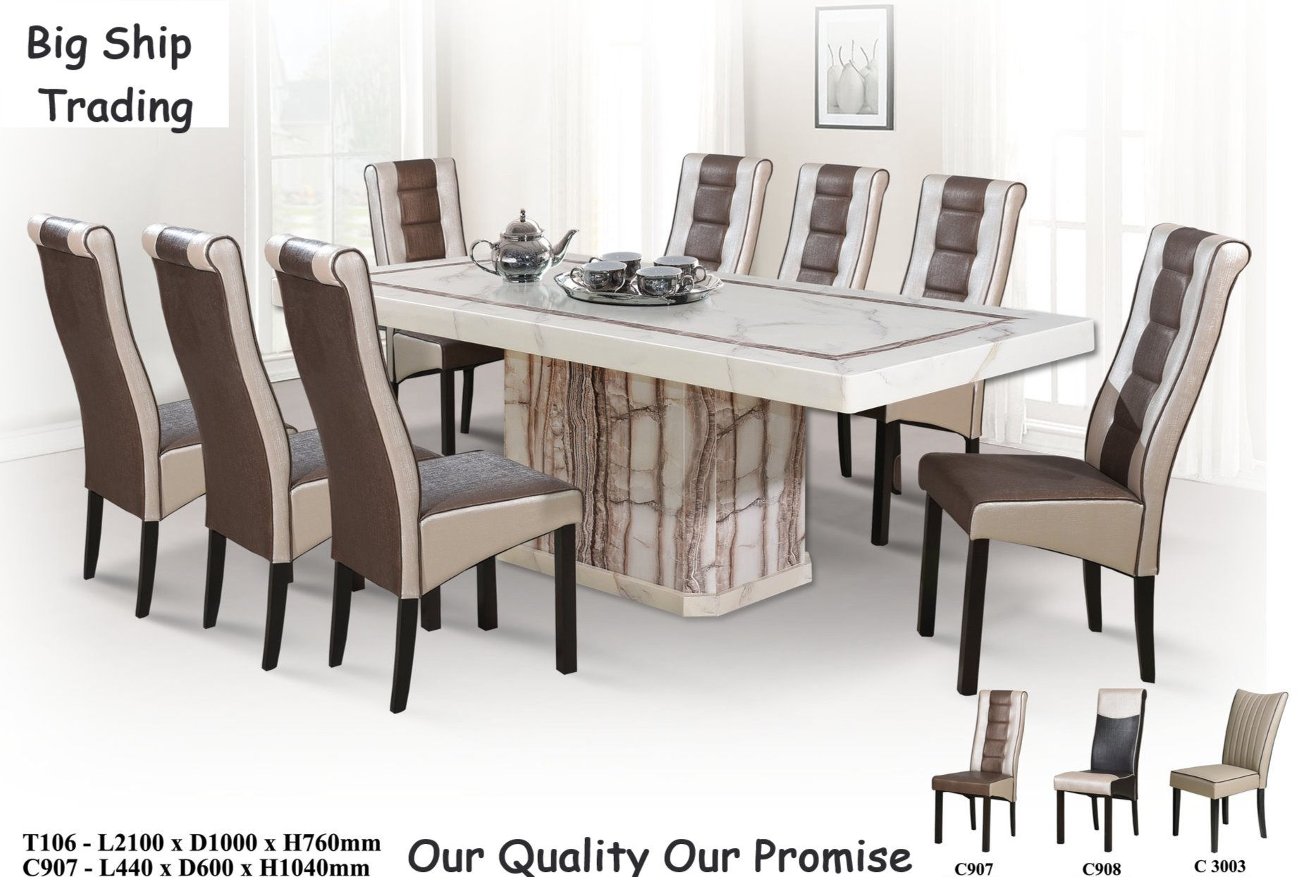 Long Marble Dining Table Set (1+8 Full Set)