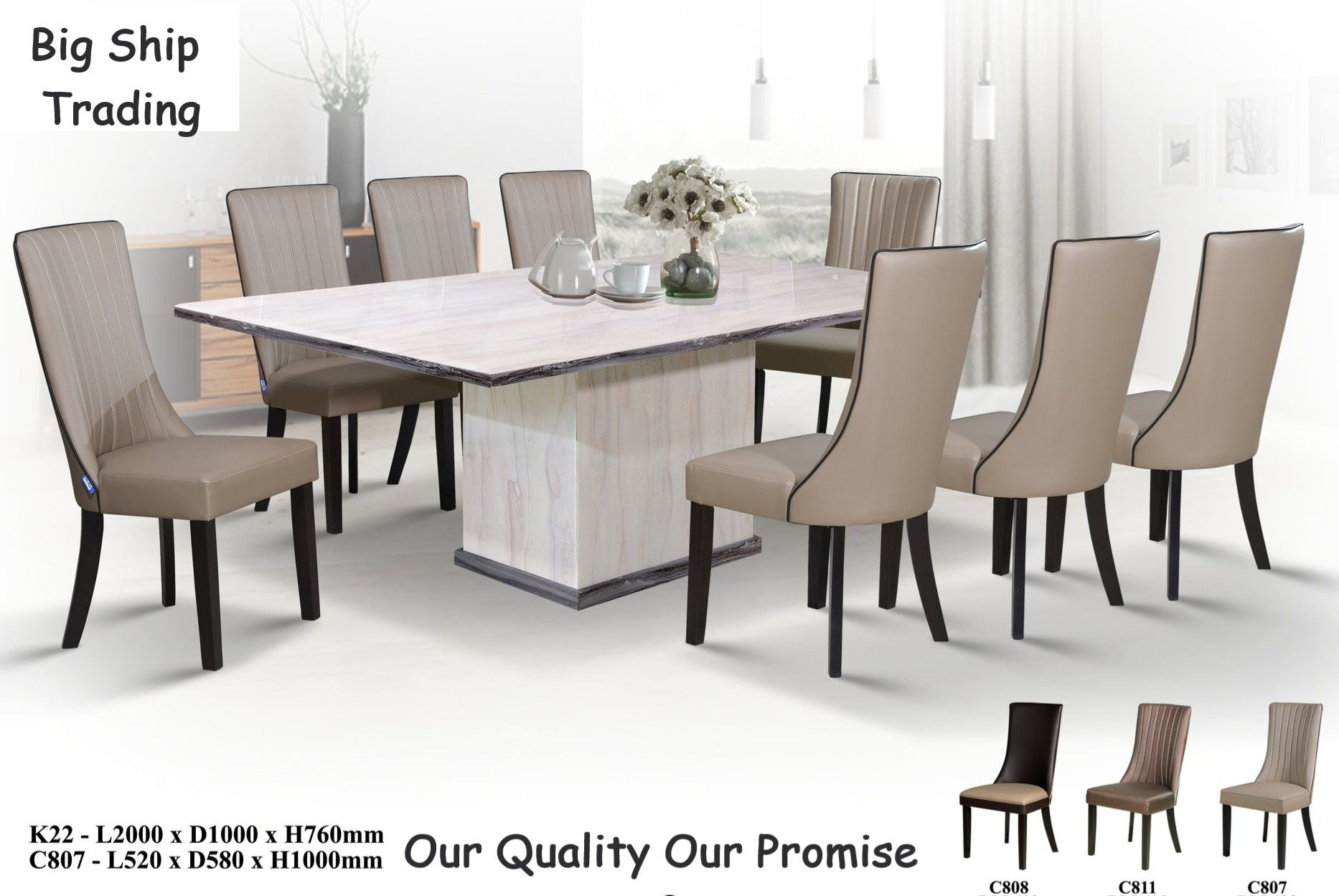 Long Marble Dining Table Set (1+8 Full Set)