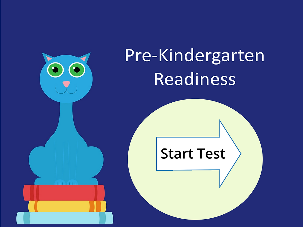 Assessment start screen which shows the Pre-Kindergarten as the test level, has a start test button, and a kitty cat sitting on a stack of books