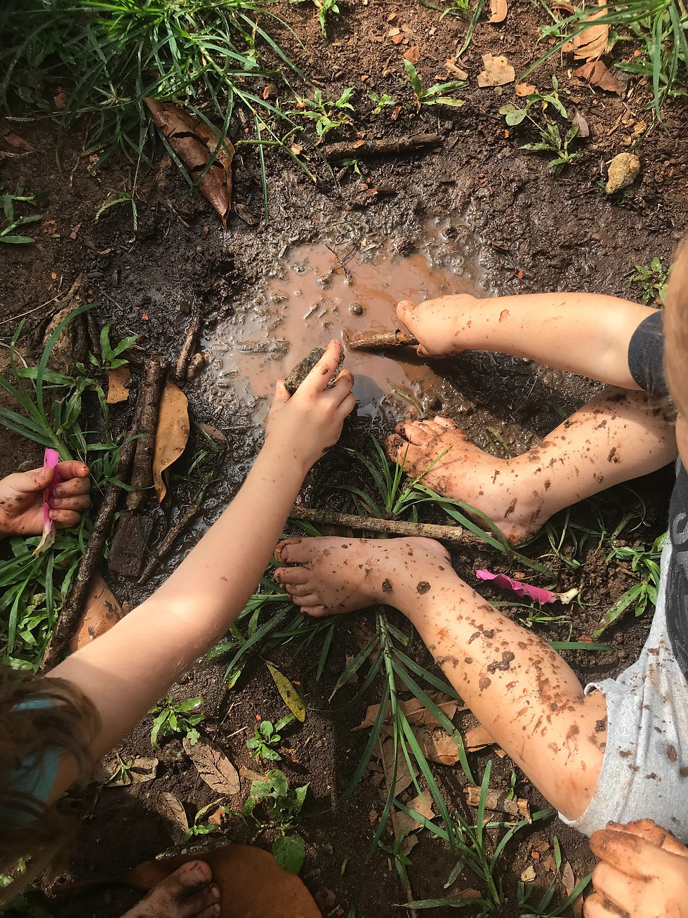 Crianças brincando com lama e gravetos em um jardim. Pés e mãos cobertos de terra, rodeados por grama e folhas secas. Cena divertida.