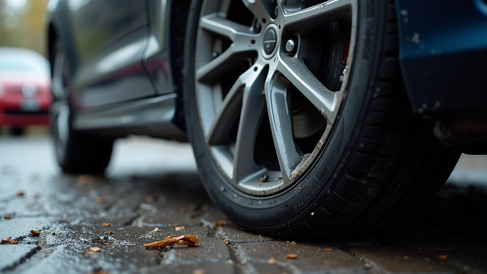 Close-up view of a bent alloy wheel rim showing visible damage