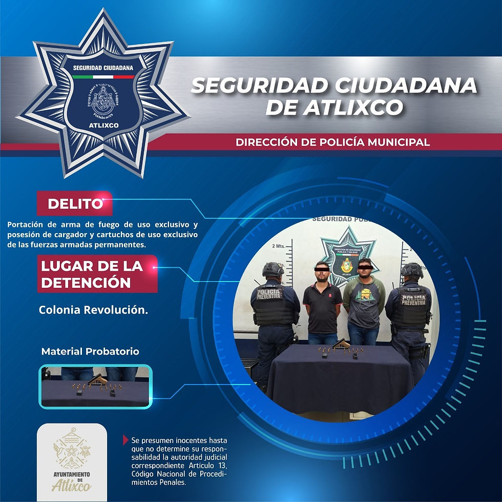Policías de Atlixco detienen a dos; portaban arma y cartuchos