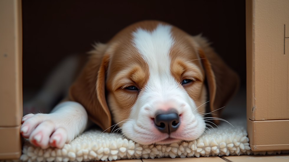 Close-up view of a puppy resting comfortably inside a crate