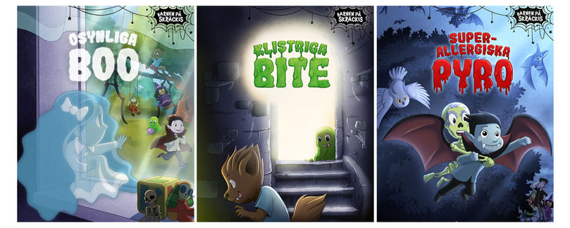 Bokserie Förskolan Skräckis. Osynliga Boo, Klistriga Bite, Superallergiska Pyro.  Barn 3-6år. Författare Ylva Hällen och Sara Edwardsson. 