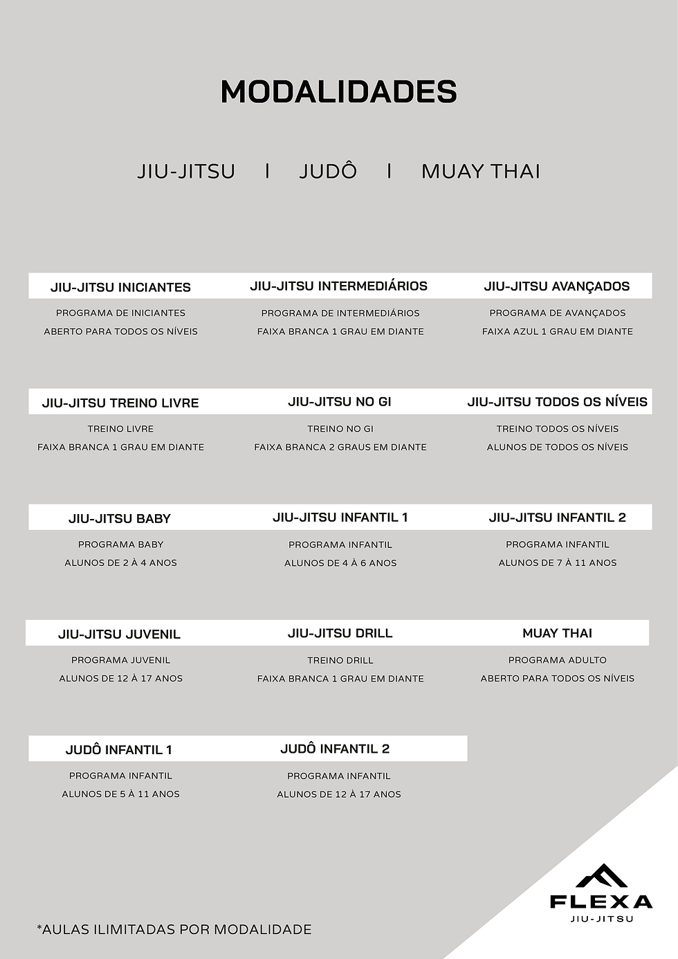 Quadro de horários jiu-jitsu, judô e muay thai com aulas por nível.