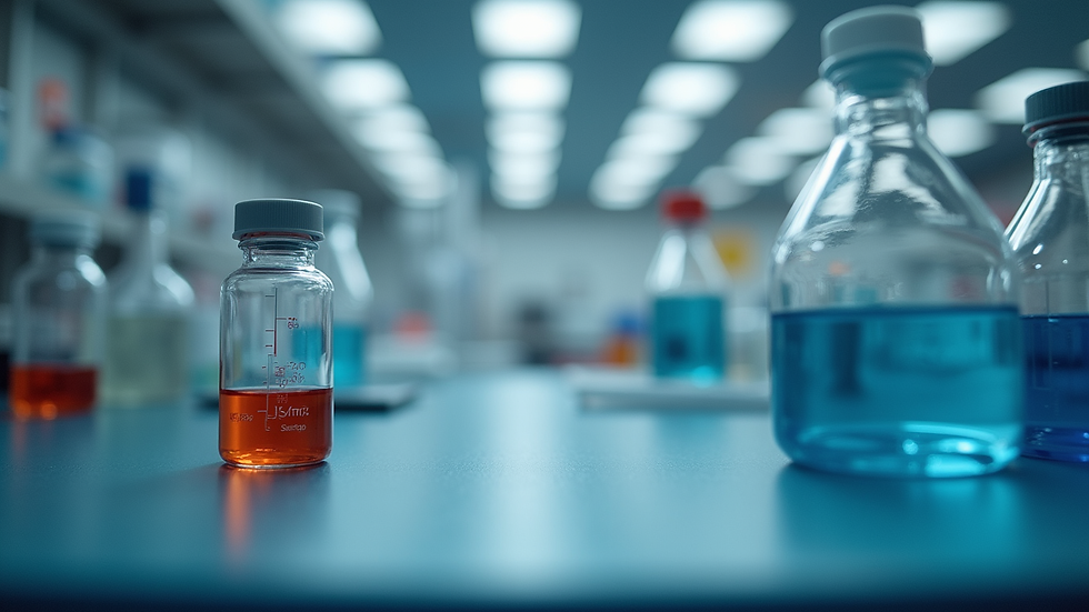 Eye-level view of laboratory bench with scientific instruments and peptide samples