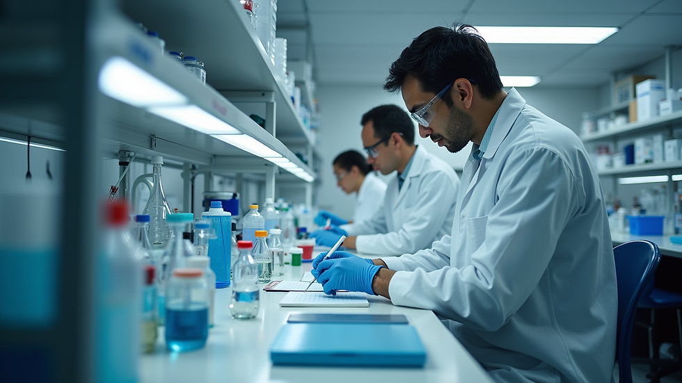 Eye-level view of a research laboratory with scientists working