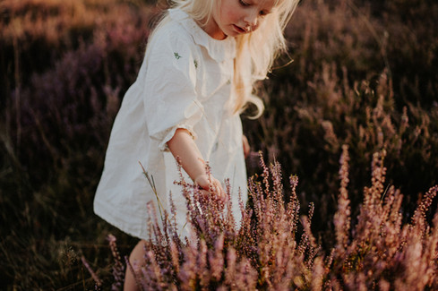 Ein Kind spielt auf einer Wiese mit Heide