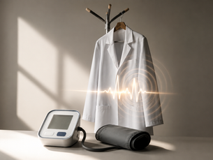 AI-generated conceptual medical illustration of a white doctor's coat hanging beside a blood pressure monitor and cuff, with a subtle glowing heartbeat waveform symbolising the temporary rise in blood pressure known as the white coat effect