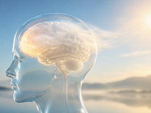 AI-generated conceptual illustration of a transparent human head with a softly glowing brain partially covered by gentle morning mist, symbolising brain fog, reduced mental clarity, and cognitive fatigue against a calm sunrise background.
