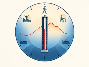 Illustration of a 24-hour clock with a blood pressure manometer and changing pressure curve, showing how blood pressure varies throughout the day.