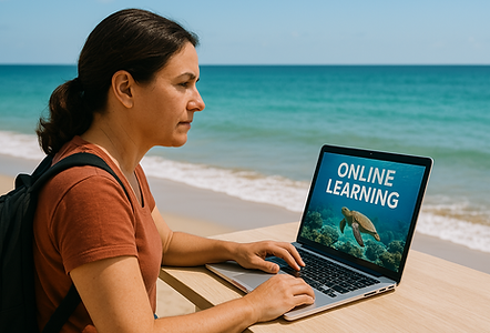 ChatGPT Image, girl with laptop sitting near beach