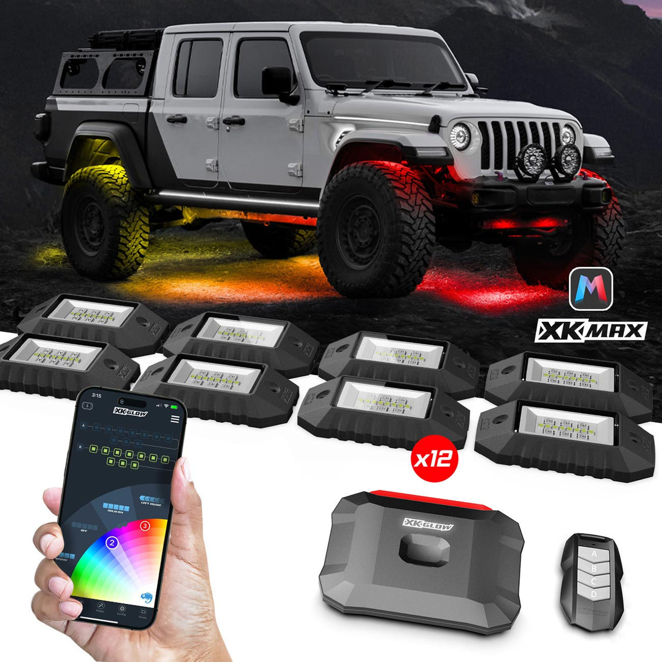 XKGlow XKmax RGBW Addressable Color Chasing LED App Control Rock Light Kit (12 R