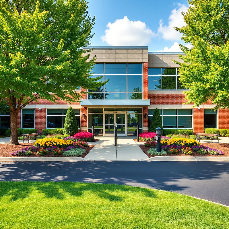 Office building in baltimore county md that has flowers at the entrance and a beautifully