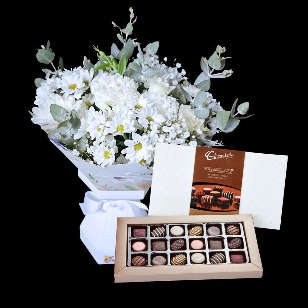 Thumbnail: white flower bouquet with handmade chocolates