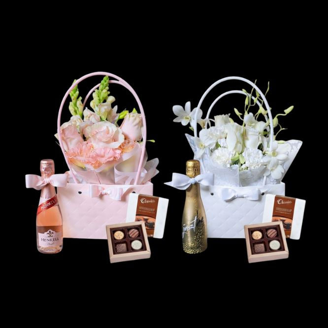 Pink and white gift handbag with flowers, sparkling wine and chocolates — Flowers by Zak, Mornington