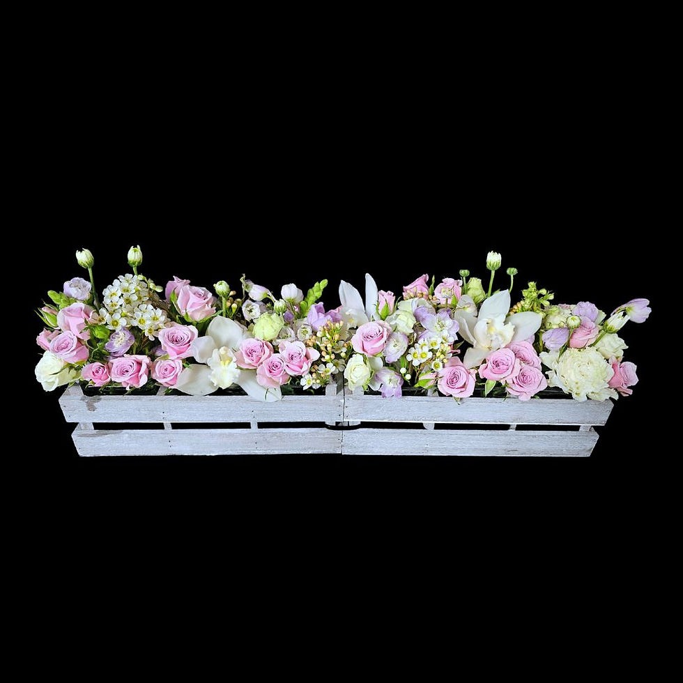 Thumbnail: Selection of pink flowers in a long window box