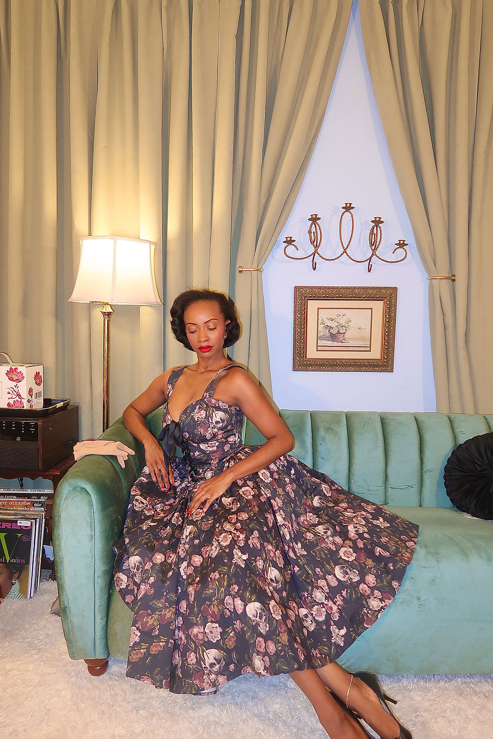 The Ambrosia Dress by La Femme En Noir in the Decayed Beauty print.