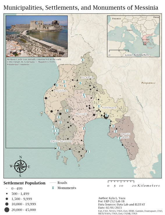 Municipalities, settlements, and monuments of Messinia, Greece