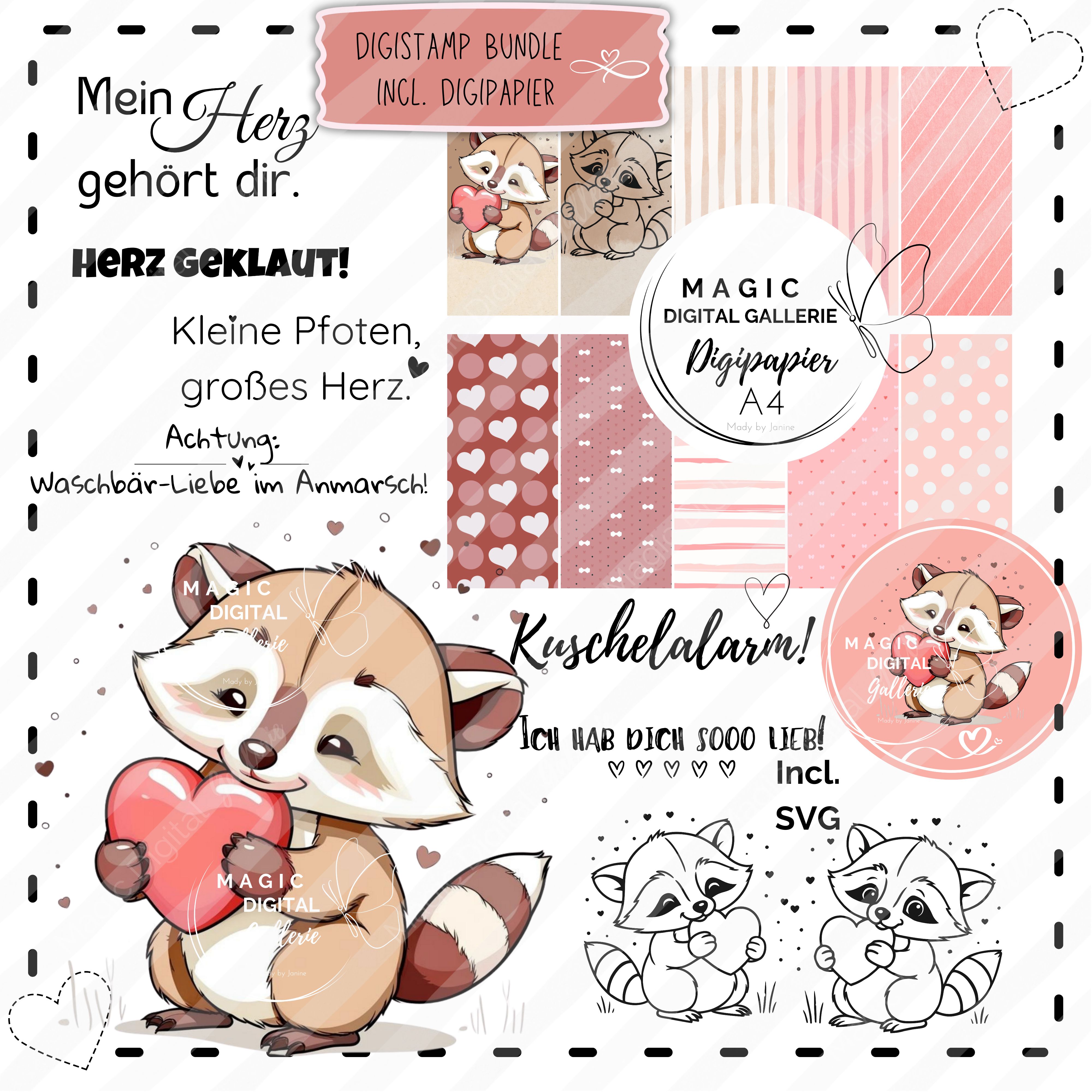 Digistamp Bundle incl Digipapier | Waschbärchen Liebe | Digitaler Stempel+DIN A4