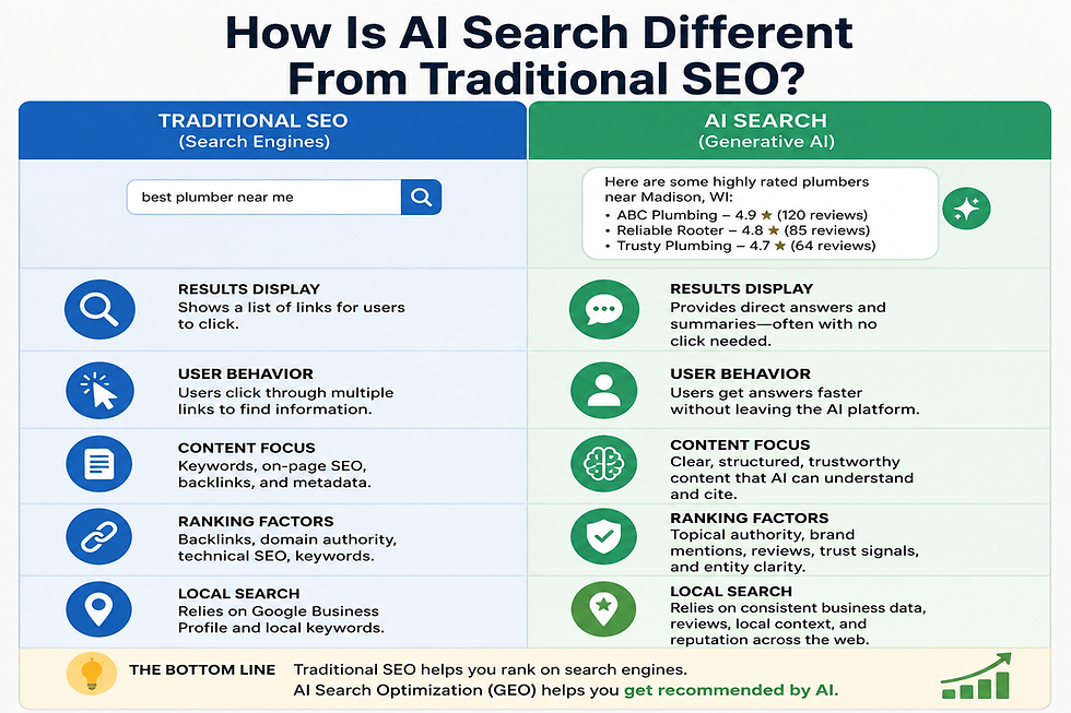 Infographic comparing Traditional SEO vs AI Search, with title How Is AI Search Different From Traditional SEO? and plumbing example.
