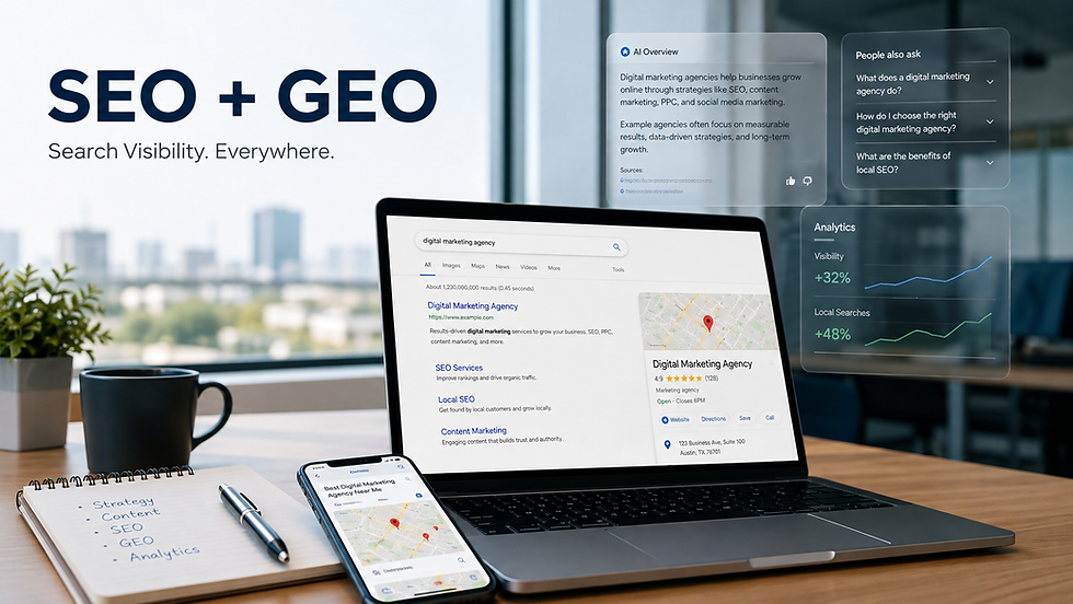 SEO and GEO search visibility concept showing a laptop with digital marketing search results, local SEO listings, AI Overview, analytics, and a smartphone displaying local search results.