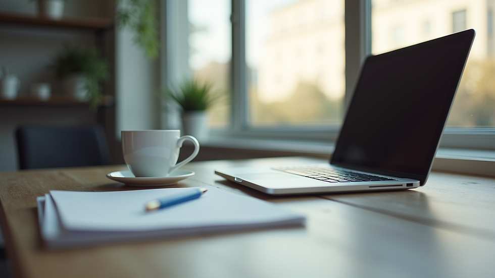 Eye-level view of a modern office workspace with a laptop and coffee cup