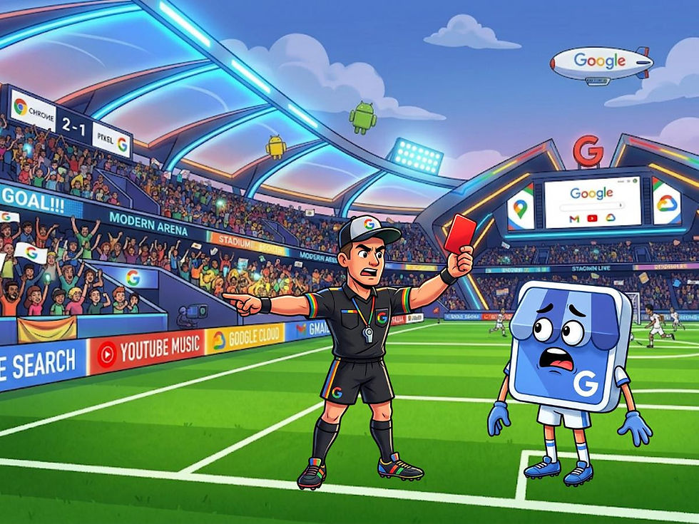 Soccer referee shows a red card to a sad Google app mascot in a packed neon stadium, with Google signs and a 2-1 scoreboard.