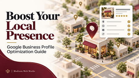 Illustrated local storefront with a map pin and business profile checklist beside the text ‘Boost Your Local Presence: Google Business Profile Optimization Guide’ by Madison Web Works.