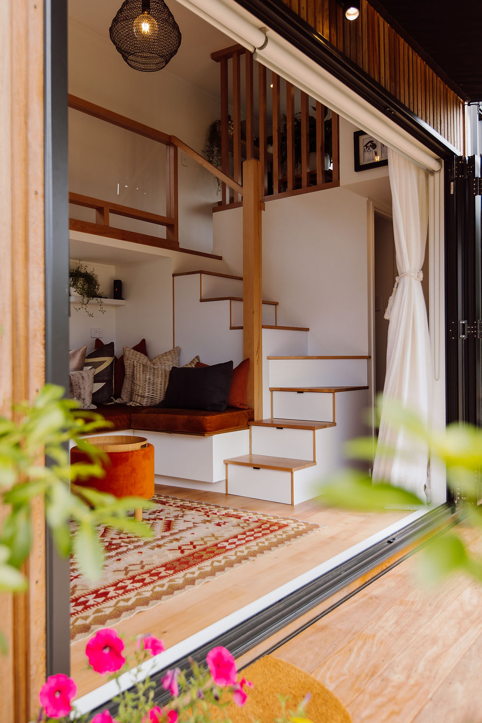 tiny home storage stairs with handrail