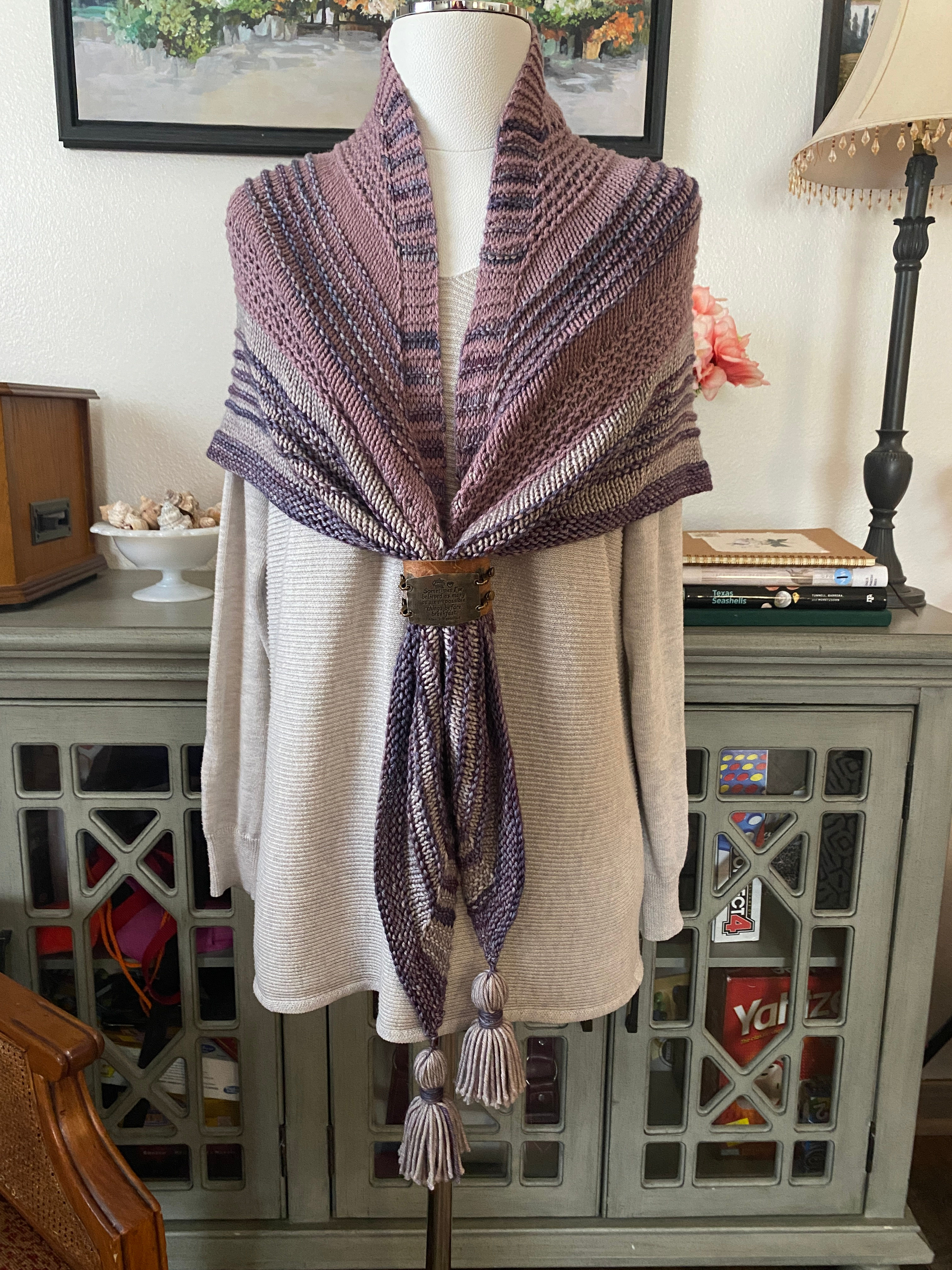 Hometown Shawl Hand Knit Triangle Scarf Purples