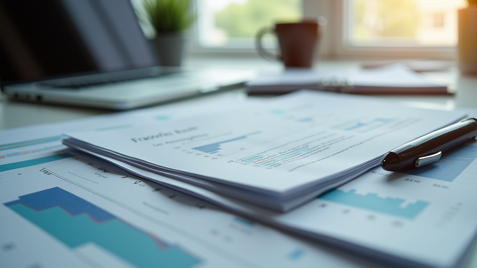 Close-up view of a stack of financial documents on a desk
