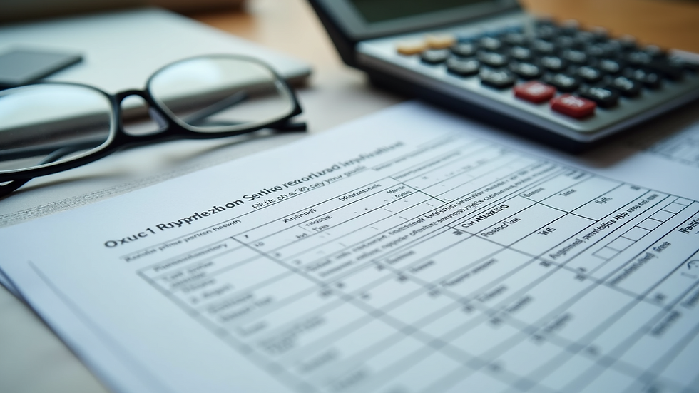 High angle view of a calculator and tax return forms on a desk