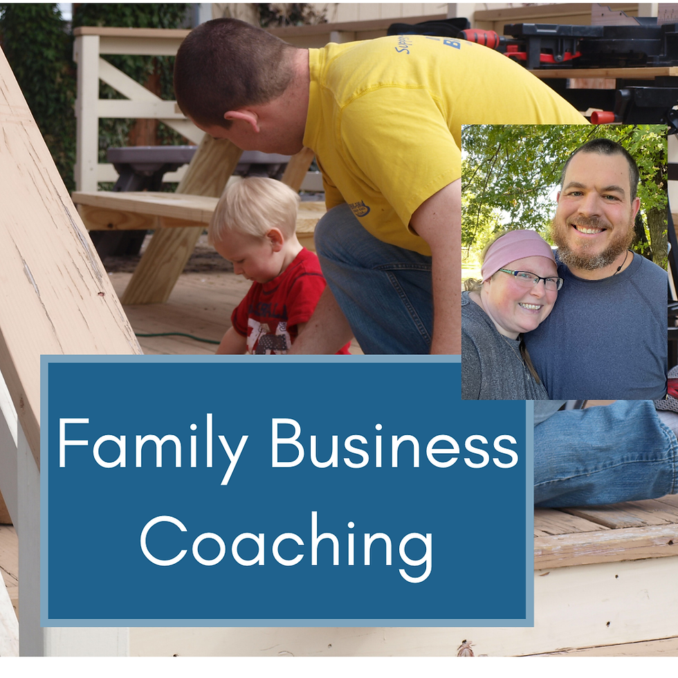 Dad helping son work on a project with the label "Family Business Coaching"