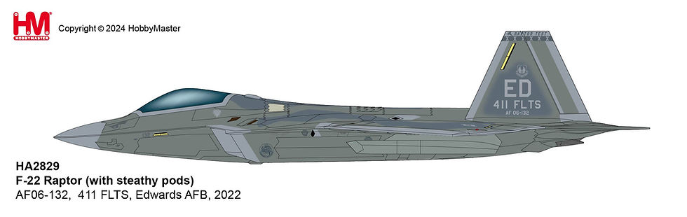Thumbnail: Hobby Master HA2829, F-22 Raptor (with steathy pods) AF06-132, 411 FLTS, 1:72