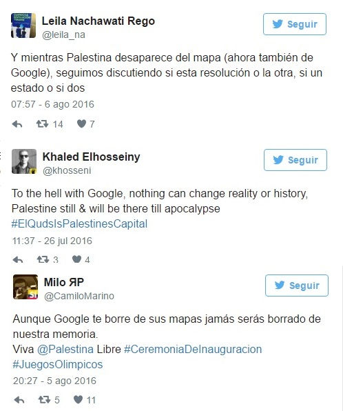 Publicaciones de Twitter en contra de la decisión de Google Maps. Tomada de teleSUR